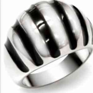Stainless Steel Stripes Cocktail Ring Size 8 9 10 Silver Black Enamel Dome